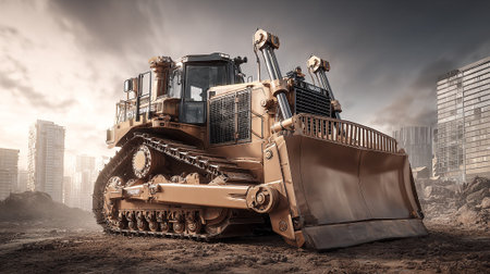 Powerful bulldozer stands ready against the urban cityscape, a symbol of development.の素材