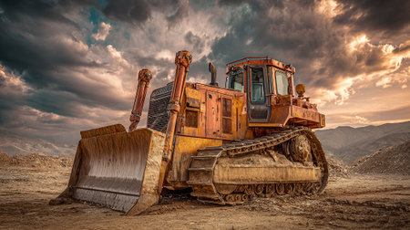 Powerful Bulldozer Stands Ready Against Dramatic Sky in Arid Landscape.の素材