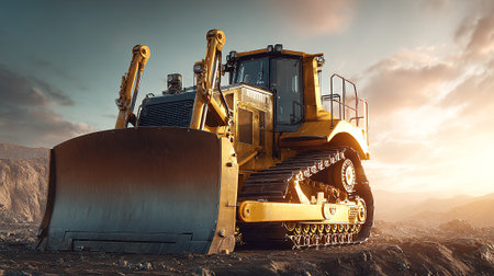 Powerful yellow bulldozer standing strong against a mountainous backdrop at sunset.の素材
