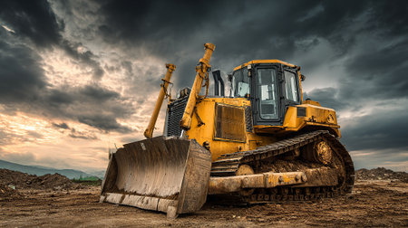 Majestic Yellow Bulldozer at Construction Site Under Dramatic Skyの素材