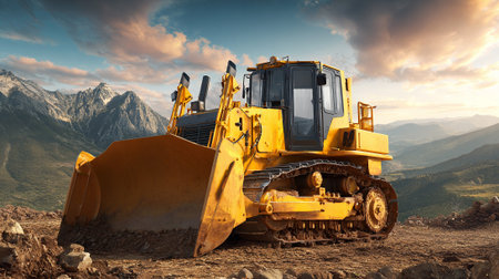 Heavy Duty Bulldozer Excavating Land with Mountain Landscape and Cloudy Skyの素材