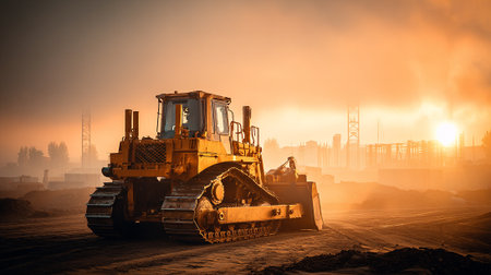 Powerful Bulldozer at Construction Site Silhouetted by a Stunning Golden Sunriseの素材