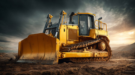Powerful Yellow Bulldozer Standing Firm Against a Dramatic Sky at Sunsetの素材