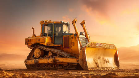Yellow Bulldozer on Sand Landscape during Sunset, Symbolizing Power and Constructionの素材