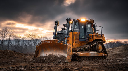 Powerful bulldozer ready to work against a dramatic sky at sunsetの素材