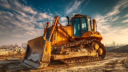 Powerful yellow bulldozer sits poised on a construction site at sunset.の素材
