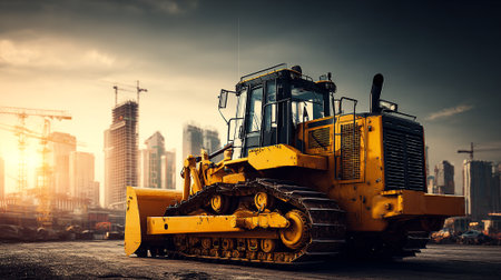 Heavy-Duty Yellow Bulldozer Standing Firm on Construction Site with City Backdropの素材