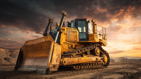 Yellow Heavy Bulldozer Standing Firmly on Construction Site with Dramatic Skyの素材