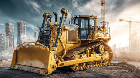 Powerful yellow bulldozer dominates construction site with unfinished buildings against cloudy sky.の素材