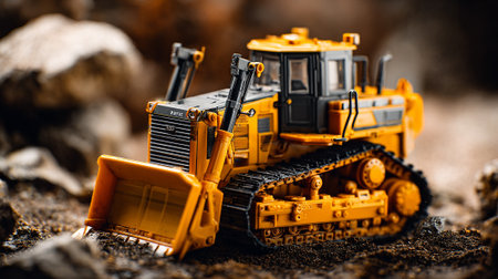 Miniature Yellow Bulldozer Toy, Construction Equipment Model on Brown Ground Surfaceの素材