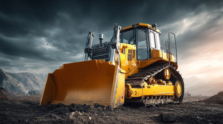 Powerful bulldozer sitting majestically on construction site with dramatic cloudy sky above.の素材