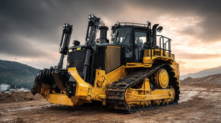 Powerful Yellow Bulldozer Rests on Construction Site at Dramatic Sunsetの素材