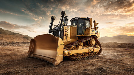 Heavy Duty Bulldozer Dominates a Dirt Field Under a Dramatic Skyの素材