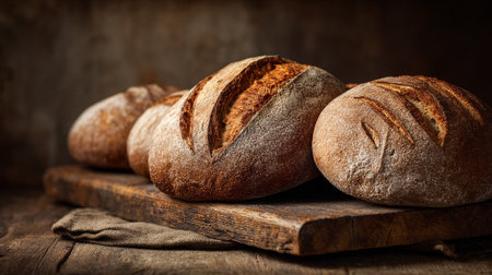 The image features three rustic artisan breads arranged on a worn wooden cutting board with a neutral-toned linen cloth in the foreground and a blurred background, creating a warm, inviting atmosphere.の素材