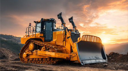 Heavy Duty Yellow Bulldozer Preparing Ground at Sunset in a Construction Siteの素材