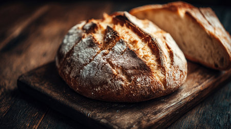 A loaf of crusty, freshly baked bread sits upon a dark wooden board, with a slice next to it. The bread is dusted with flour. The composition suggests homestyle baking.の素材