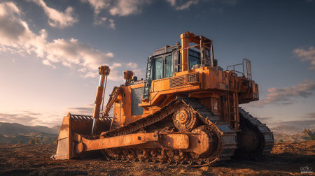 Majestic Bulldozer Standing Proudly Against a Dramatic Sky at Dusk.の素材