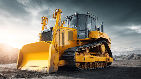 Powerful Yellow Bulldozer Dominating the Landscape Under Moody Skies, Ready for Actionの素材