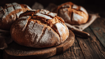 Three loaves of sourdough bread are displayed on a wooden surface, with a dusting of flour accentuating their golden crusts. The rustic composition highlights the artisanal nature of the homemade bread.の素材