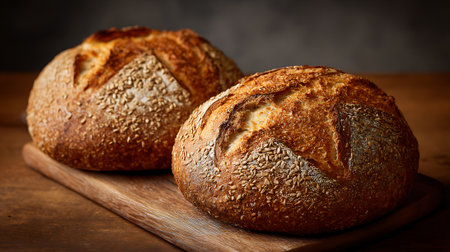 This image showcases two golden brown sourdough bread loaves on a wooden cutting board, featuring a textured crust, and sprinkled with assorted seeds. The setting evokes a rustic and inviting feel.の素材