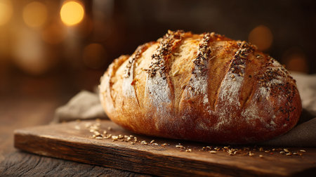 A warm, inviting image showcasing a rustic loaf of seeded bread placed on a weathered wooden cutting board. The soft, golden lighting and textured cloth create a cozy atmosphere.の素材