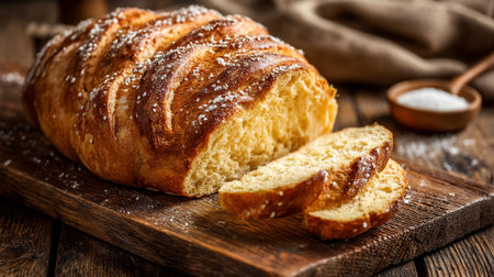 A beautiful golden challah loaf sits on a wooden cutting board, with two slices cut. The loaf is sprinkled with toppings. A small bowl filled with toppings sits nearby.の素材