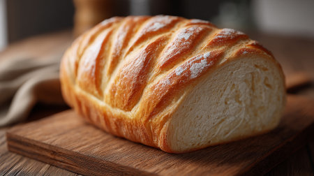 A golden brown artisan bread loaf sits on a wooden cutting board, showcasing its texture. The bread is dusted with flour, enhancing its rustic appeal, perfect for breakfast.の素材