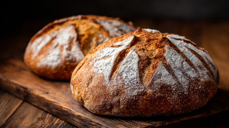 Two artisanal sourdough breads sit side-by-side on a dark wooden cutting board. The loaves are dusted with flour and feature a crisp, golden-brown crust, creating a tempting rustic scene.の素材