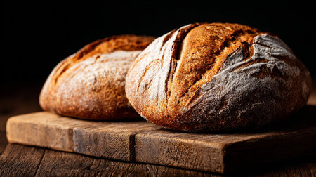 Two crusty sourdough bread loaves rest on a wooden cutting board, dusted with flour. The dark background creates a moody, rustic feel emphasizing the texture and color of the loafs.の素材