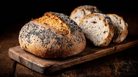 A fresh loaf of artisan bread, sprinkled with black and white seeds, and several slices of bread sit on a rustic wooden cutting board, against a dark background.の素材