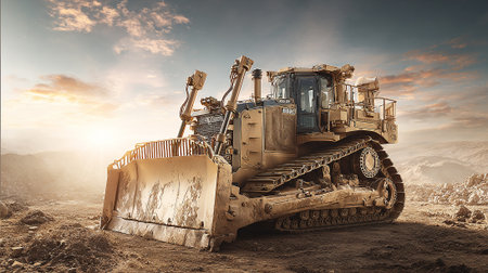 Powerful bulldozer excavator sits ready for construction work during the golden hour.の素材