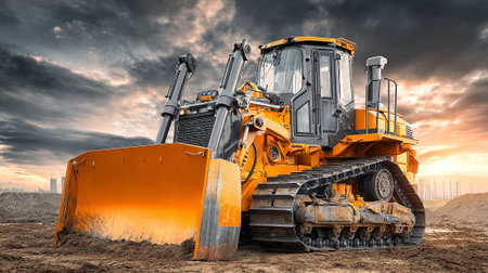 Construction Bulldozer with Dramatic Sky: Powerful Machinery for Infrastructure Development Projectsの素材