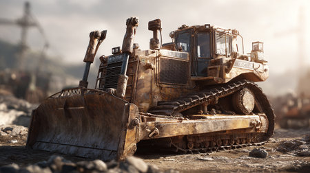 Industrial Strength: Heavy Duty Bulldozer in Construction Site Under Faded Lightの素材