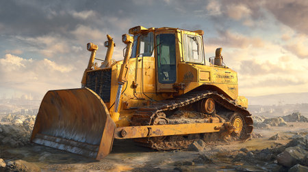 Powerful yellow bulldozer in a construction site with a cloudy sky backdrop.の素材