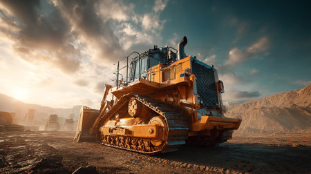 Heavy-Duty Bulldozer on Construction Site with Cloudy Sky at Golden Hourの素材