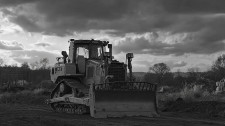 Monochrome Bulldozer Majesty: A Heavy Equipment Vehicle Under a Dramatic Skyの素材
