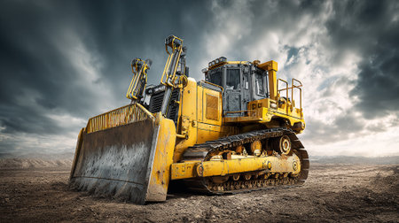 Heavy Duty Yellow Bulldozer Stands Ready on a Construction Site Under Stormy Skyの素材