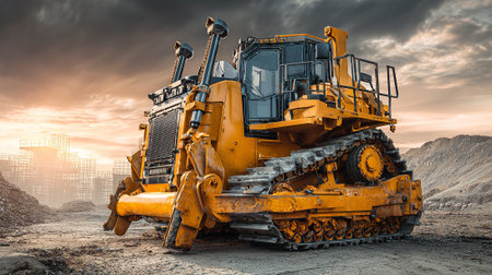 Powerful Yellow Bulldozer Dominating Construction Site with Dramatic Sky Backdropの素材