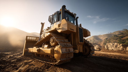 Massive yellow bulldozer amidst rugged landscape and construction, bathed in morning sun.の素材