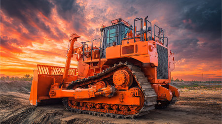 Powerful orange bulldozer stands ready against a dramatic, colorful sunset sky.の素材
