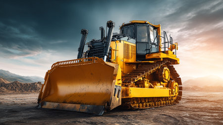 Powerful yellow bulldozer positioned at the construction site during late afternoon.の素材