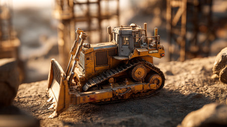 Construction site featuring detailed yellow bulldozer model on a sandy surface.の素材