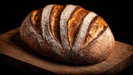 A whole loaf of freshly baked sourdough bread sits on a dark wooden board, its crust dusted with flour, against a stark black background. The artisanal loaf looks delicious and inviting.の素材
