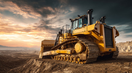 Powerful yellow bulldozer at work during an atmospheric sunset on a construction site.の素材