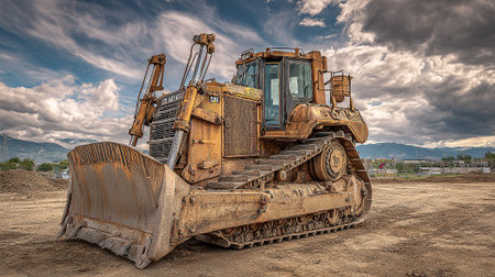 Heavy Bulldozer in Action at Construction Site Under Dramatic Cloudy Skyの素材