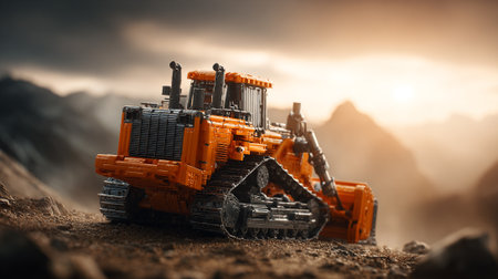 Majestic orange bulldozer against a scenic mountain backdrop at sunrise.の素材