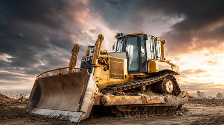 Heavy Equipment Bulldozer at Construction Site with Dramatic Sky at Sunsetの素材