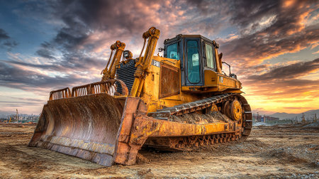 Majestic Bulldozer Silhouetted Against a Stunning Sunset Sky Above Earthworksの素材