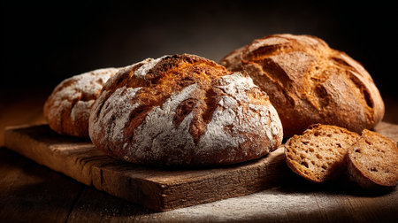 Three loaves of freshly baked artisan bread, dusted with flour, sit on a rustic wooden board. Sliced portions of bread are arranged near the larger loaves. The scene evokes warmth and homemade goodness.の素材
