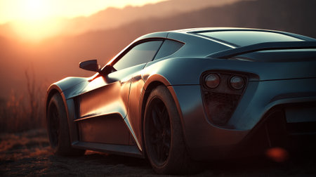 Sleek  car silhouette bathed in the warm glow of a sunsetの素材